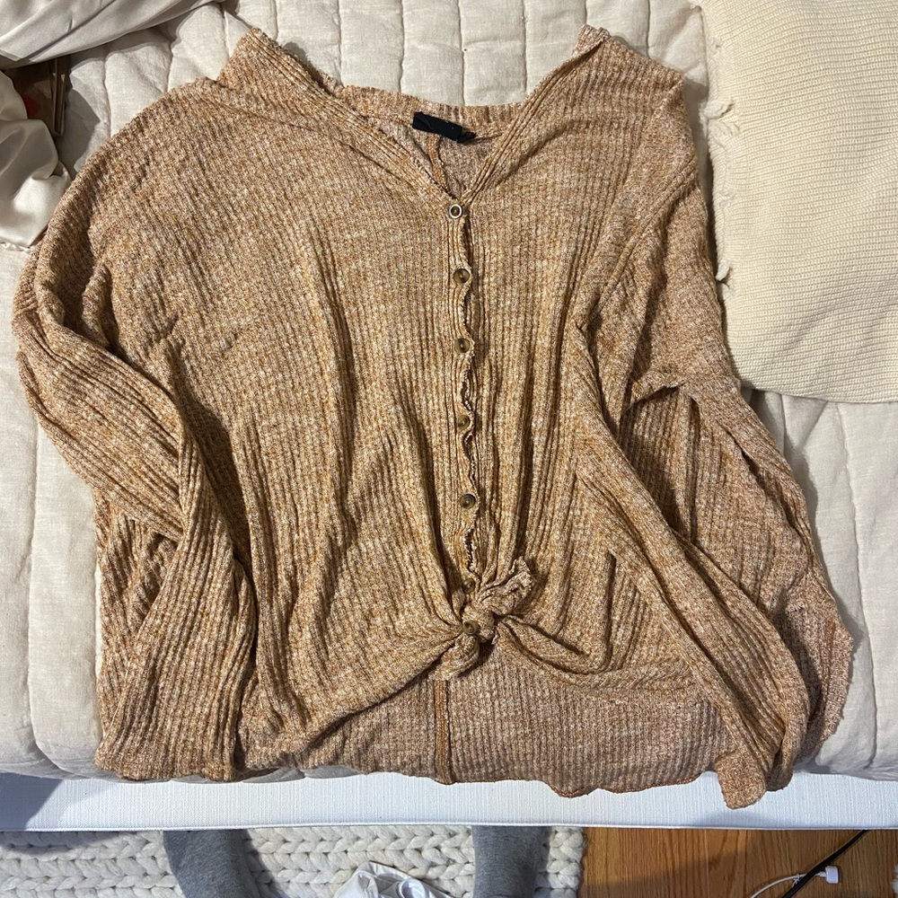 UO joke oversized thermal button-front top tan